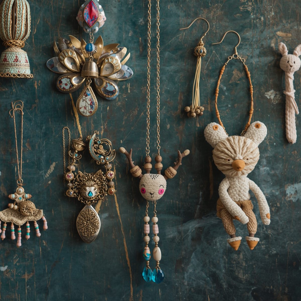 Handmade decor items arranged on wooden surface